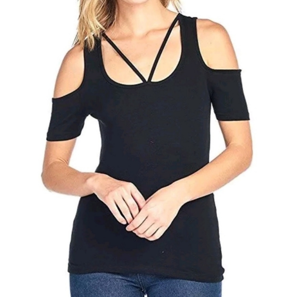 Black cold shoulder strappy criss criss shirt top